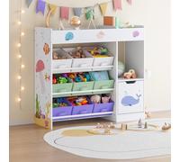 [en.casa] Étagère Enfant avec 9 Boîtes de Rangement et Armoire Meuble de Stockage Bibliothèque Motif Aqua Dream Panneau de Particules Polyester Métal 80 x 90 x 30 cm Blanc Vert Violet