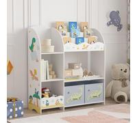 [en.casa] Étagère Enfant avec Compartiments de Rangement Ouverts et 2 Boîtes Meuble de Stockage avec Motif Dinosaure Panneau de Particules Polyester 100 x 93 x 30 cm Blanc Gris