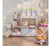 [en.casa] Étagère Enfant avec Compartiments de Rangement Ouverts et 2 Boîtes Meuble de Stockage avec Motif Licorne Panneau de Particules Polyester 100 x 93 x 30 cm Blanc Gris