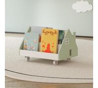 [en.casa] Étagère Mobile pour Enfants en Forme de Maison avec 4 Compartiments Ouverts Bibliothèque sur roulettes Organisateur de Livres et Cahiers Esthétique MDF 50 x 33 x 34 cm Vert Menthe Blanc