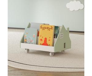 [en.casa] Étagère Mobile pour Enfants en Forme de Maison avec 4 Compartiments Ouverts Bibliothèque sur roulettes Organisateur de Livres et Cahiers Esthétique MDF 50 x 33 x 34 cm Vert Menthe Blanc