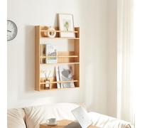 [en.casa] Étagère Murale à 3 Niveaux Meuble de Rangement Suspendu avec 3 Tablettes Équipées de Barres Centrales pour Cuisine Salon Chambre Bambou 80 x 60 x 12 cm Naturel
