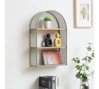 [en.casa] Étagère Murale avec 3 Tablettes Petit Meuble de Rangement Stylé en Forme Arquée et Aspect Rotin pour Accessoires Décorations Livres Entrée Cuisine Chambre Métal MDF 53 x 35 x 14 cm Vert