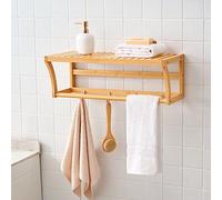 [en.casa] Étagère Murale avec 4 Crochets et Barre de Serviette pour Salle de Bain Cuisine Entrée Petit Meuble de Rangement au Style Scandinave Bambou 20,5 x 59,5 x 25,5 cm Naturel