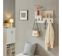 [en.casa] Étagère Murale avec 5 Crochets Doubles et 2 Étagères Portemanteau Moderne Patère pour Accessoires et Décorations Chambre Entrée Panneau de Particules Métal 34 x 59 x 13 cm Blanc Beige