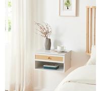 [en.casa] Étagère Murale avec Tiroir et Compartiment Ouvert Meuble de Stockage Suspendu pour Salon Chambre Panneau de Particules Plastique 40 x 32 x 23 cm Blanc Aspect Rotin