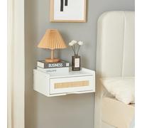 [en.casa] Étagère Murale Design Intemporel avec Tiroir Intégré Table de Chevet Suspendue Capacité de Charge 10 kg Panneau de Particules Plastique 40 x 30 x 17 cm Blanc Aspect Rotin