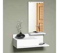 [en.casa] Étagère Murale Design pour Entrée Meuble de Rangement avec Tiroir Miroir Capacité de Charge 15 kg Panneau de Particules 20 x 60 x 30 cm Blanc