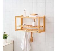 [en.casa] Étagère Murale pour Salle de Bain Entrée Cuisine Petit Meuble de Rangement avec 2 Surfaces de Stockage 3 Crochets et Barre de Serviette Bambou 30 x 55 x 22,5 cm Naturel