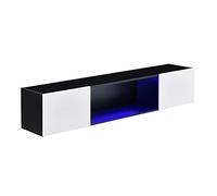 [en.casa] Étagère Murale Stylée Meuble de Rangement Design avec 2 Portes et Éclairage LED Bleu Capacité de Charge jusqu'à 15 kg Panneau de Particules 150 x 30 x 30 cm Noir Blanc Brillant