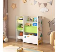 [en.casa] Étagère pour Enfant à 3 Bacs Amovibles 5 Compartiments Meuble de Rangement Jouets à Motif Dinosaures Panneau de Particules Textile Non Tissé Métal 60 x 65 x 30 cm Blanc Vert Jaune