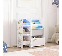 [en.casa] Étagère pour Enfant à 3 Bacs Amovibles 5 Compartiments Meuble de Rangement Jouets à Motif Koala Panneau de Particules Textile Non Tissé Métal 60 x 65 x 30 cm Blanc Gris Bleu