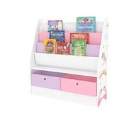 [en.casa] Étagère pour Enfant à 3 Compartiments et 2 Boîtes Pliables Meuble de Rangement à Motif Licorne pour Livres Cahiers Jouets Panneau de Particules Polyester 74 x 71 x 23 cm Blanc Violet Rose