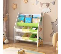 [en.casa] Étagère pour Enfant à 6 Bacs Amovibles 2 Compartiments Meuble de Rangement Jouets à Motif Dinosaures Panneau de Particules Textile Non Tissé Métal 74 x 62 x 27 cm Blanc Vert Jaune