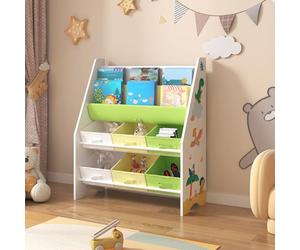 [en.casa] Étagère pour Enfant à 6 Bacs Amovibles 2 Compartiments Meuble de Rangement Jouets à Motif Dinosaures Panneau de Particules Textile Non Tissé Métal 74 x 62 x 27 cm Blanc Vert Jaune