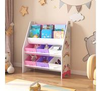 [en.casa] Étagère pour Enfant à 6 Bacs Amovibles 2 Compartiments Meuble de Rangement Jouets à Motif Licornes Panneau de Particules Textile Non Tissé Métal 74 x 62 x 27 cm Blanc Violet Rose