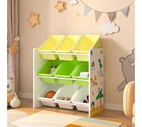 [en.casa] Étagère pour Enfant à 9 Bacs Ouverts Amovibles Meuble de Rangement Jouets à Motif Dinosaures Panneau de Particules Plastique Métal 60 x 62 x 27 cm Blanc Vert Jaune