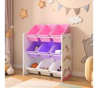 [en.casa] Étagère pour Enfant à 9 Bacs Ouverts Amovibles Meuble de Rangement Jouets à Motif Licornes Panneau de Particules Plastique Métal 60 x 62 x 27 cm Blanc Violet Rose