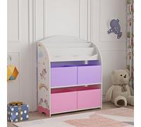 [en.casa] Étagère pour Enfants avec 3 Compartiments pour Livres et 4 Boîtes de Rangement pour Jouets Motif Licorne Panneau de Particules Polyester 98 x 83 x 30 cm Blanc Violet Rose