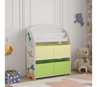 [en.casa] Étagère pour Enfants avec 3 Compartiments pour Livres et 4 Boîtes de Rangement pour Jouets Motif Dinosaure Panneau de Particules Polyester 98 x 83 x 30 cm Blanc Vert Jaune