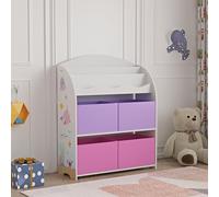 [en.casa] Étagère pour Enfants avec 3 Compartiments pour Livres et 4 Boîtes de Rangement pour Jouets Motif Océan Panneau de Particules Polyester 98 x 83 x 30 cm Blanc Violet Rose