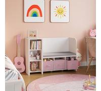 [en.casa] Étagère pour Enfants avec Banc d'Assise Coussin Confortable Bibliothèque Meuble à Chaussures Panneau de Particules Polyester Polyuréthane 76 x 112 x 40 cm Blanc Rose