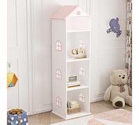 [en.casa] Étagère pour Enfants en Forme de Maison Meuble de Rangement avec 4 Compartiments Ouverts Bibliothèque pour Livres Cahiers Coloriages MDF 140 x 40 x 35 cm Blanc Rose
