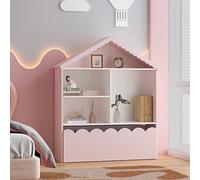 [en.casa] Étagère pour Enfants en Forme de Maison Meuble de Rangement avec Compartiments Ouverts et Tiroir Ondulé Bibliothèque MDF Panneau de Particules 114 x 91 x 30 cm Rose Barbe à Papa Blanc