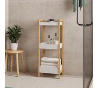 [en.casa] Étagère sur Pied avec 3 Paniers Meuble de Rangement Rebords Surélevés Organisateur Stable pour Accessoires Salle de Bain Bureau Cuisine Buanderie Bambou 75 x 28 x 20 cm Naturel Blanc