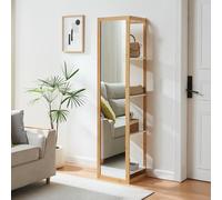 [en.casa] Étagère sur Pied avec Miroir Intégré 2 in 1 Meuble de Stockage 4 Compartiments Ouverts Rangement Peu Encombrant pour Chambre Salle de Bain Entrée Bambou MDF 170 x 40 x 35 cm Naturel Blanc