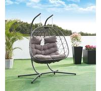 [en.casa] Fauteuil Suspendu 2 Places avec Support Chaise en Forme d'Oeuf Hamac avec Armature Balancelle pour Extérieur Intérieur Acier Laqué Polyrotin Polyester 198 x 156 x 98 cm Gris