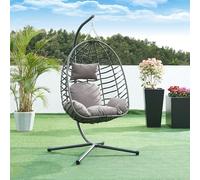 [en.casa] Fauteuil Suspendu avec Support Hamac Balancelle Siège Oeuf avec Armature pour Extérieur Intérieur Charge Max 100 kg Acier Laqué Polyrotin Polyester 198 x 110 x 95 cm Gris