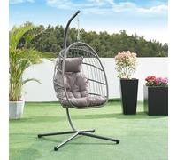 [en.casa] Fauteuil Suspendu avec Support Siège Oeuf Chaise Hamac avec Armature pour Extérieur Intérieur Charge Max 100 kg Acier Laqué Polyrotin Polyester 196 x 110 x 95 cm Gris