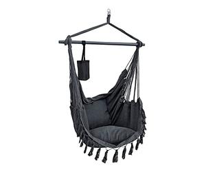 [en.casa] Fauteuil Suspendu Solide Chaise de Hamac avec Porte-Boisson pour Intérieur Extérieur Siège avec Sac de Transport Capacité Jusqu'à 120 kg Polyester Coton Bois Massif 150 x 120 cm Gris Foncé