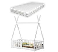 [en.casa] Helsingborg - Lit pour enfant - 70 x 140 cm - Avec matelas et protection anti-chute - Sommier à lattes - Tipi - Tente - Cadre de lit en bois de pin - Blanc