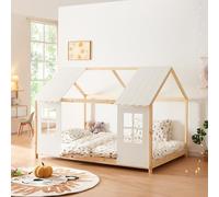 [en.casa] Lit Cabane avec Fenêtres et Toit Forme Maison Design avec Sommier à Lattes pour Chambre d'enfant en Bois de Pin et Contreplaqué 140 x 200 cm Naturel Blanc