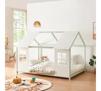 [en.casa] Lit Cabane avec Fenêtres et Toit Forme Maison Design avec Sommier à Lattes pour Chambre d'enfant en Bois de Pin et Contreplaqué 140 x 200 cm Vert Menthe Blanc