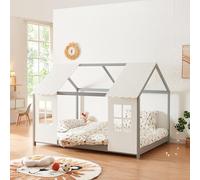 [en.casa] Lit Cabane avec Fenêtres et Toit Forme Maison Design avec Sommier à Lattes pour Chambre d'enfant en Bois de Pin et Contreplaqué 140 x 200 cm Gris Blanc
