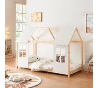 [en.casa] Lit Cabane avec Fenêtres et Toit Lit Enfant Forme de Maison avec Sommier à Lattes pour Chambre d'enfant en Bois de Pin et Contreplaqué 90 x 200 cm Naturel Blanc