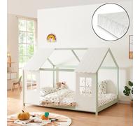[en.casa] Lit Cabane avec Matelas à Mousse Froid Respirant Sommier à Lattes Lit Enfant en Forme Maison avec Fenêtres et Toit Bois de Pin Contreplaqué 140 x 200 cm Vert Menthe Blanc