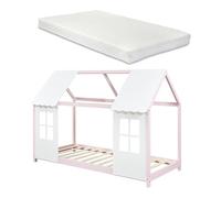 [en.casa] Lit Cabane avec Matelas à Mousse Froid Respirant Sommier à Lattes Lit Enfant en Forme Maison avec Fenêtres et Toit Bois de Pin Contreplaqué 90 x 200 cm Rose Blanc