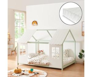 [en.casa] Lit Cabane avec Matelas à Mousse Froid Respirant Sommier à Lattes Lit Enfant en Forme Maison avec Fenêtres et Toit Bois de Pin Contreplaqué 140 x 200 cm Vert Menthe Blanc