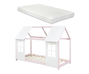 [en.casa] Lit Cabane avec Matelas à Mousse Froid Respirant Sommier à Lattes Lit Enfant en Forme Maison avec Fenêtres et Toit Bois de Pin Contreplaqué 90 x 200 cm Rose Blanc