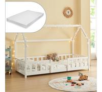 [en.casa] Lit Cabane avec Matelas à Mousse Froide Anti-Allergique Lit Enfant en Forme de Maison avec Sommier à Lattes Barrière de Sécurité Bois de Pin Contreplaqué 90 x 200 cm Blanc