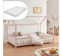 [en.casa] Lit Cabane avec Matelas à Mousse Froide Anti-Allergique Lit Enfant en Forme de Maison avec Sommier à Lattes Barrière de Sécurité Bois de Pin Contreplaqué 90 x 200 cm Rose Blanc