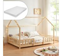 [en.casa] Lit Cabane avec Matelas à Mousse Froide Anti-Allergique Lit Enfant en Forme de Maison avec Sommier à Lattes Barrière de Sécurité Bois de Pin Contreplaqué 120 x 200 cm Naturel
