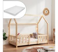 [en.casa] Lit Cabane avec Matelas à Mousse Froide Anti-Allergique Lit Enfant en Forme de Maison avec Sommier à Lattes Barrière de Sécurité Bois de Pin Contreplaqué 70 x 140 cm Naturel