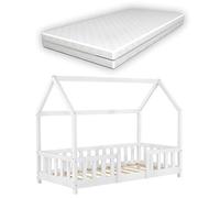[en.casa] Lit Cabane avec Matelas à Mousse Froide Anti-Allergique Lit Enfant en Forme de Maison avec Sommier à Lattes Barrière de Sécurité Bois de Pin Contreplaqué 70 x 200 cm Blanc