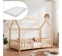 [en.casa] Lit Cabane avec Matelas à Mousse Froide Anti-Allergique Lit Enfant en Forme de Maison avec Sommier à Lattes Barrière de Sécurité Bois de Pin Contreplaqué 80 x 160 cm Naturel
