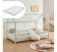 [en.casa] Lit Cabane avec Matelas à Mousse Froide Anti-Allergique Lit Enfant en Forme de Maison avec Sommier à Lattes Barrière de Sécurité Bois de Pin Contreplaqué 90 x 200 cm Vert Menthe Blanc